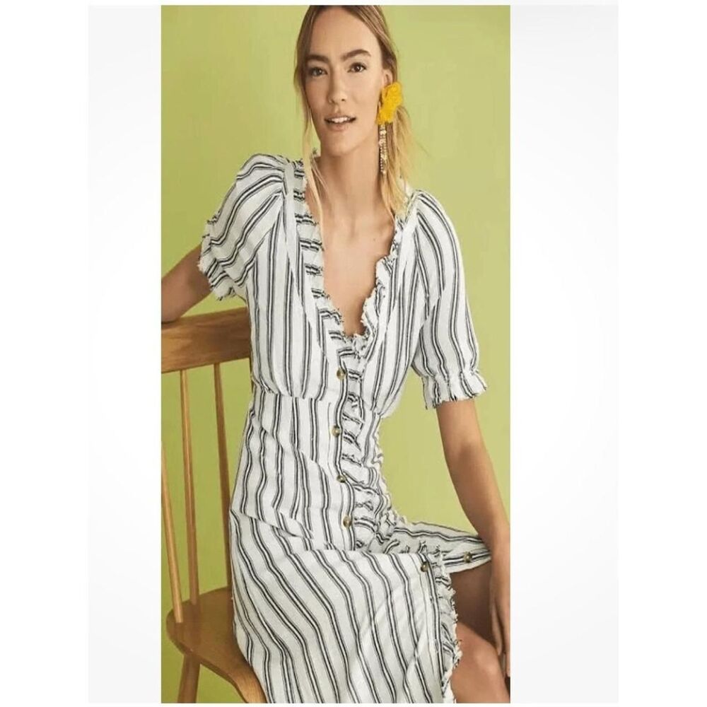 Anthropologie White & Black Striped Ruffle-Collar Button-Down Midi Dress